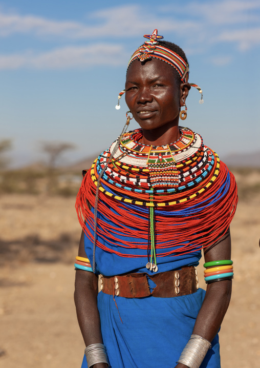 Portrait of a Samburu tribe woman with beaded necklaces, Samburu County, Maralal, Kenya