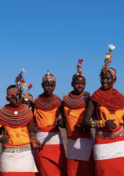 Portrait of Samburu tribe girls with beaded necklaces, Samburu County, Maralal, Kenya