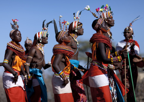 Samburu tribe people dancing during a ceremony, Samburu County, Maralal, Kenya