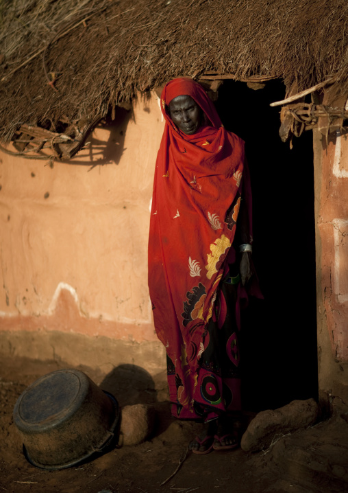 Portrait of a Borana tribe woman in front of her house, Marsabit County, Marsabit, Kenya