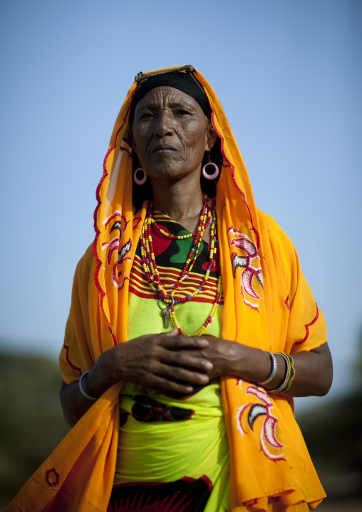 Portrait of a Gabra tribe woman with colorful veil, Marsabit County, Chalbi Desert, Kenya