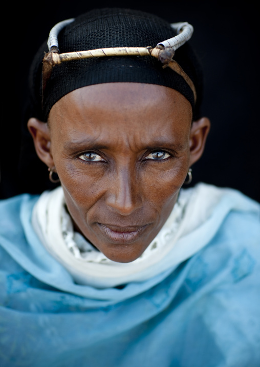 Portrait of a Gabra tribe woman wearing the traditional headwear, Marsabit County, Chalbi Desert, Kenya