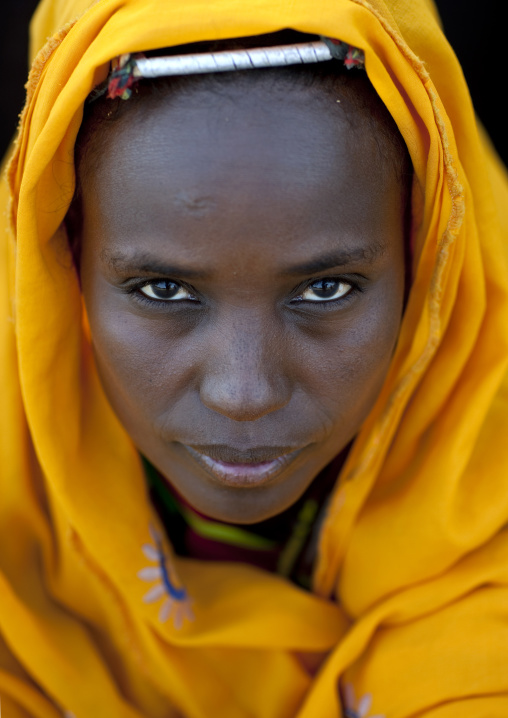 Portrait of a Gabra tribe woman wearing the traditional headwear, Marsabit County, Chalbi Desert, Kenya