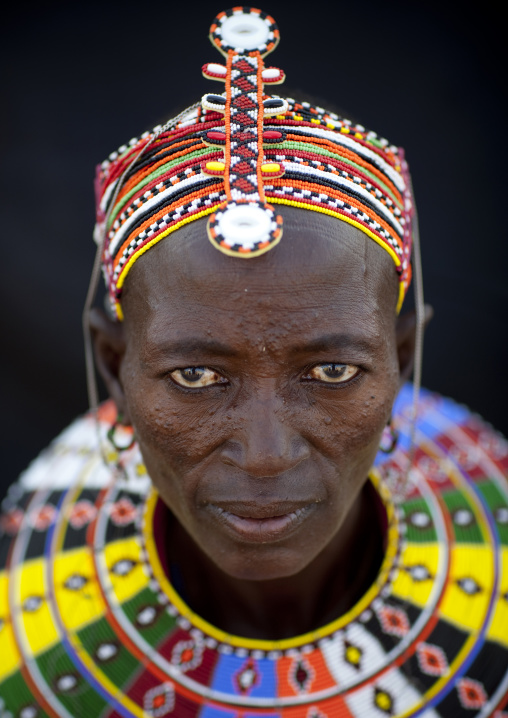 Portrait of an El Molo tribe woman with a beaded headdress, Rift Valley Province, Turkana lake, Kenya