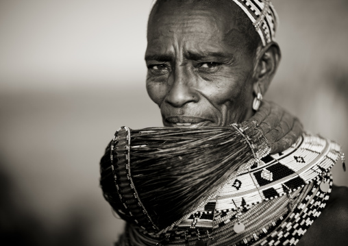 Rendille tribeswoman wearing traditional headdress and mpooro engorio necklace, Marsabit district, Ngurunit, Kenya