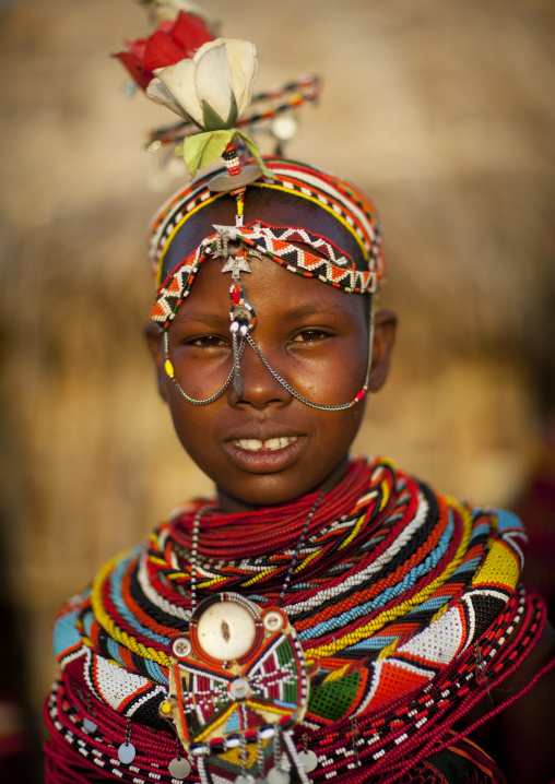 Rendille tribeswoman wearing traditional headdress and jewellery, Marsabit district, Ngurunit, Kenya