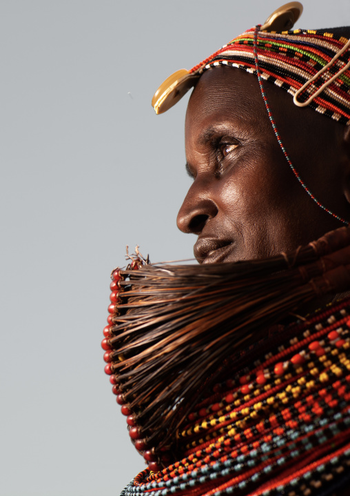 Rendille tribeswoman wearing traditional headdress and mpooro engorio necklace, Rift Valley Province, Turkana lake, Kenya