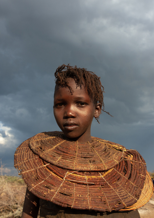 Portrait of a Pokot tribe girl wearing a big necklace, Baringo County, Baringo, Kenya