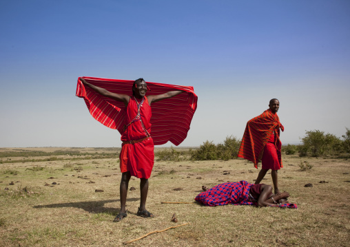 Maasai tribe men portrait wearing traditional clothing, Rift Valley Province, Maasai Mara, Kenya