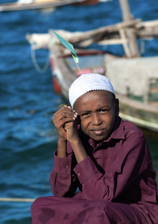 Mulsim boy in traditional clothing, Lamu County, Lamu, Kenya