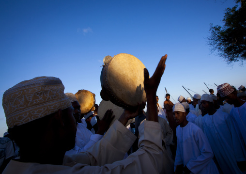 Man playing drums during Maulid festival, Lamu County, Lamu, Kenya