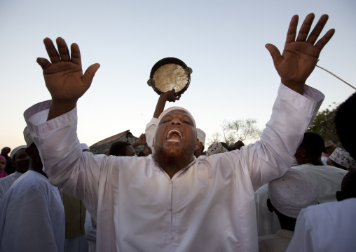 Muslim men celebrating the Maulid festival, Lamu County, Lamu, Kenya