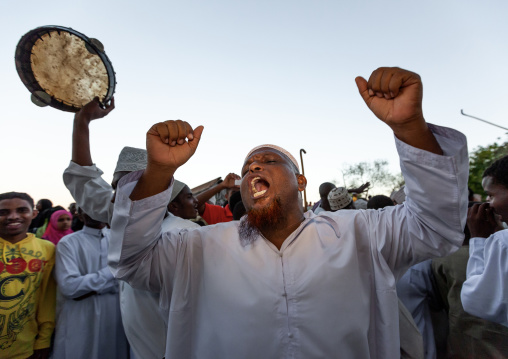 Muslim men celebrating the Maulid festival, Lamu County, Lamu, Kenya