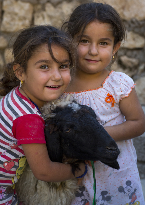 Yazidi Twins With A Sheep In The Temple City Of Lalesh, Kurdistan, Iraq