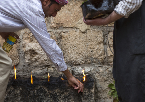 Yezedi Fakirs Lighting Sacred Fire In The Streets, Lalesh Temple, Kurdistan, Iraq