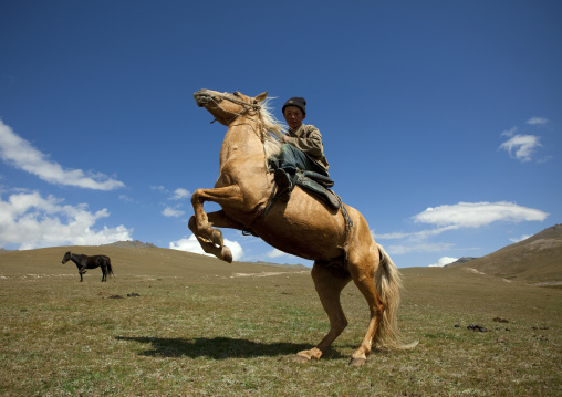 Horseman Rearing Up His Horse, Song Kol Lake Area, Kyrgyzstan