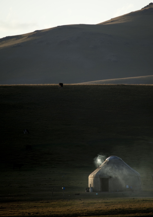 Smoking Yurt In Jaman Echki Jailoo Village, Song Kol Lake Area, Kyrgyzstan