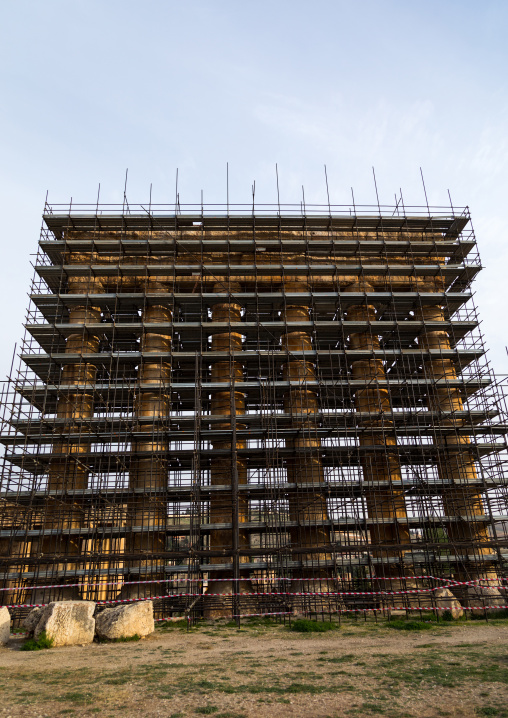 Scaffolding on the roman temple of Jupiter in the archaeological site, Beqaa Governorate, Baalbek, Lebanon