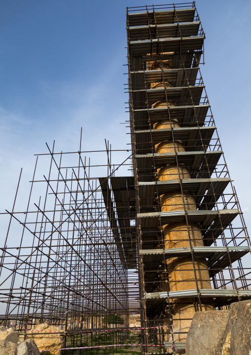 Scaffolding on the roman temple of Jupiter in the archaeological site, Beqaa Governorate, Baalbek, Lebanon