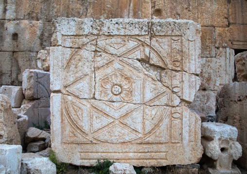 Carved stone in the archaeological site, Beqaa Governorate, Baalbek, Lebanon