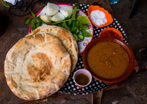 Traditional breakfast with foul beans and bread, South Governorate, Tyre, Lebanon