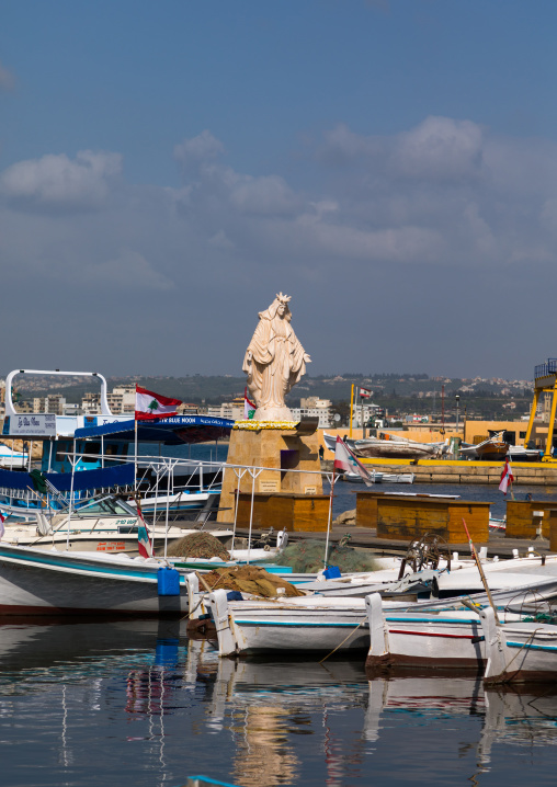 A statue of the virgin Mary sits in the fishing port, South Governorate, Tyre, Lebanon