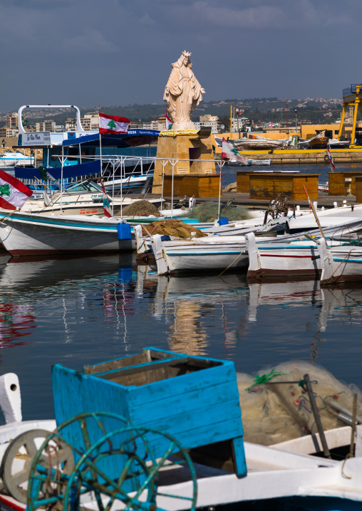 A statue of the virgin Mary sits in the fishing port, South Governorate, Tyre, Lebanon