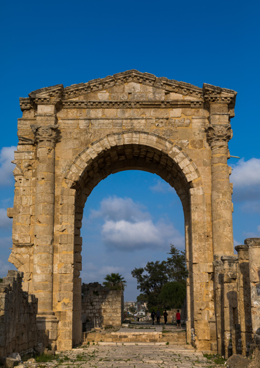 Roman triumphal arch and colonnaded street in al Bass site, South Governorate, Tyre, Lebanon