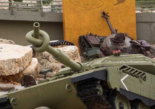 Israeli tank in the war museum operated by Hezbollah called the tourist landmark of the resistance or museum for resistance tourism, South Governorate, Mleeta, Lebanon