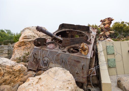 Israeli tank in the war museum operated by Hezbollah called the tourist landmark of the resistance or museum for resistance tourism, South Governorate, Mleeta, Lebanon