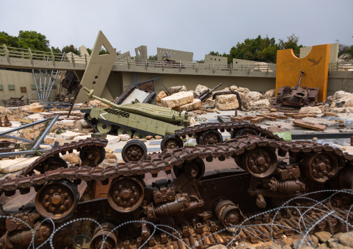 Israeli tank in the war museum operated by Hezbollah called the tourist landmark of the resistance or museum for resistance tourism, South Governorate, Mleeta, Lebanon