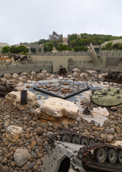 Israeli tank in the war museum operated by Hezbollah called the tourist landmark of the resistance or museum for resistance tourism, South Governorate, Mleeta, Lebanon