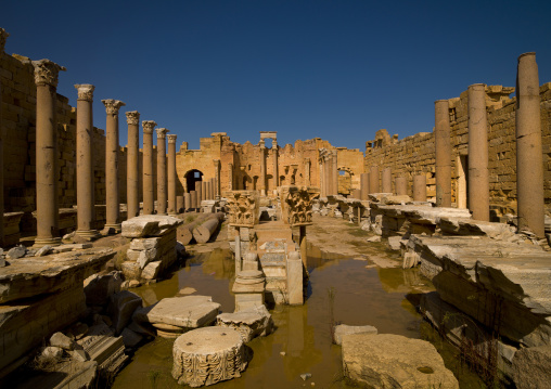 Ancient ruins of new basilica in leptis magna, Tripolitania, Khoms, Libya