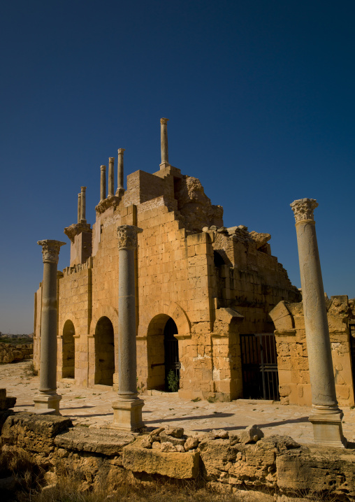 The entrance to the roman theatre in leptis magna, Tripolitania, Khoms, Libya