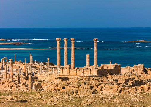 Ruins of a temple in front of the sea, Tripolitania, Sabratha, Libya