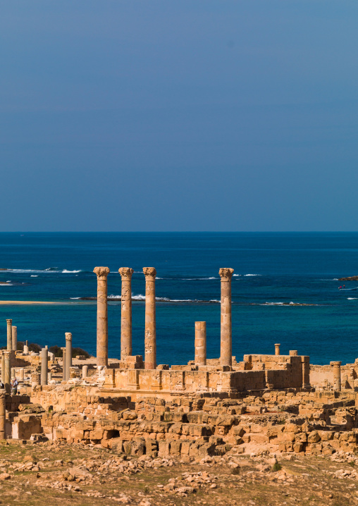 Ruins of a temple in front of the sea, Tripolitania, Sabratha, Libya