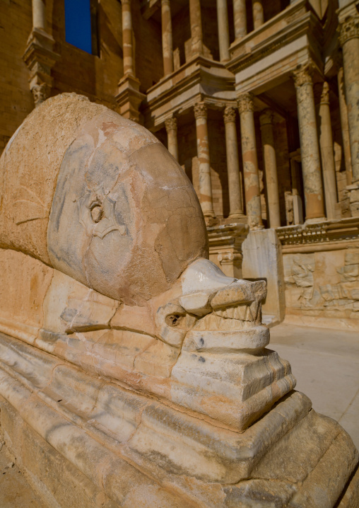 Dolphin statue in theatre in ancient roman city, Tripolitania, Sabratha, Libya