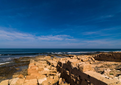 Ruins of a temple in front of the sea, Tripolitania, Sabratha, Libya