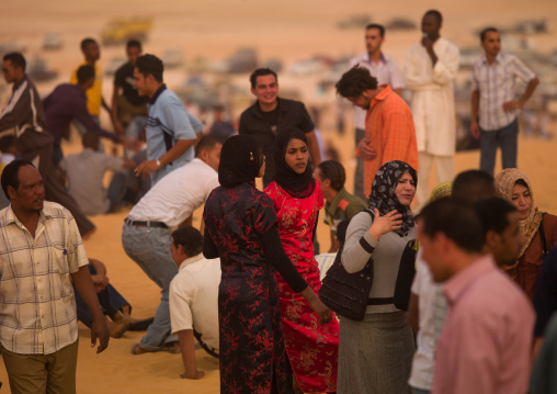 People and cars in the desert, Tripolitania, Ghadames, Libya