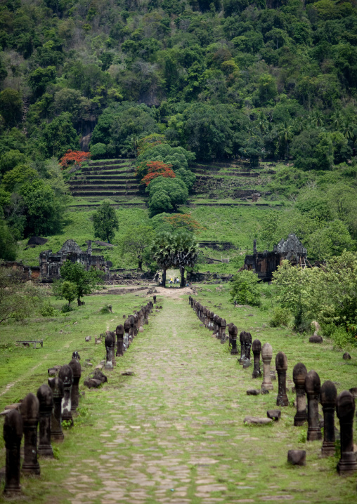 Raised stones lining lower level causeway leading to ancient khmer temple wat phu, Champasak, Laos