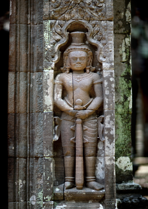 Statue guards temple at wat phu, Champasak, Laos