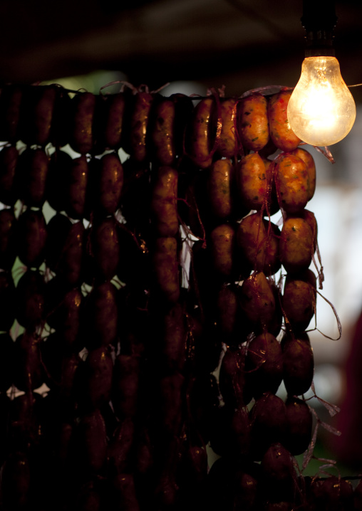 Saussages in market, Pakse, Laos