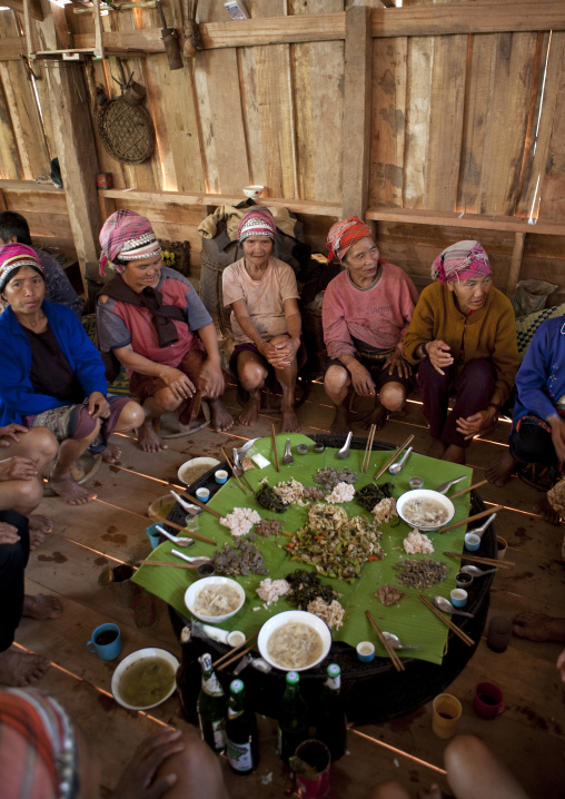 Akha minority people during a wedding, Ban ta mi, Laos