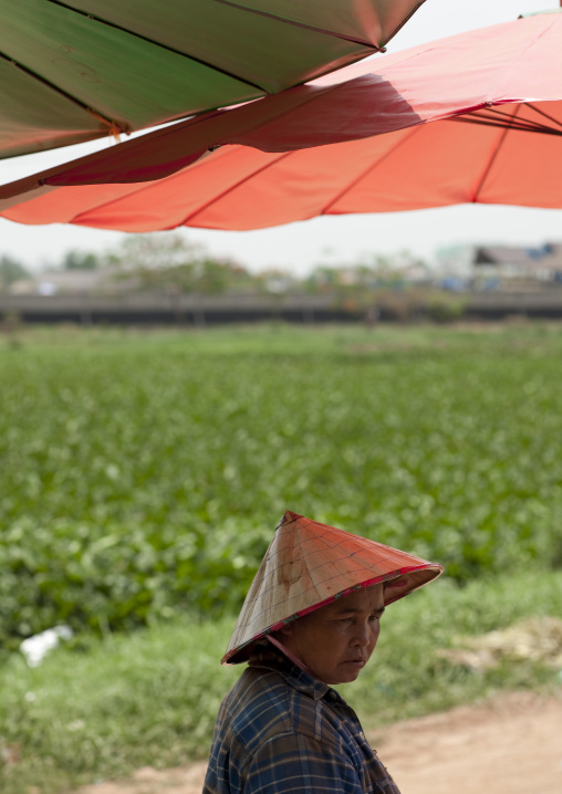 Market seller under an umbrella, Vientiane, Laos