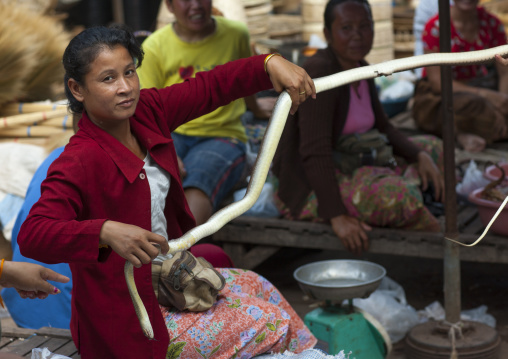 Woman selling snakes, Thakhek, Laos