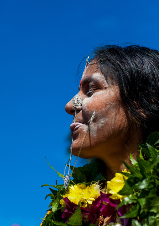 Hindu Devotee Woman With Pierced Tongue During Annual Thaipusam Religious Festival In Batu Caves, Southeast Asia, Kuala Lumpur, Malaysia