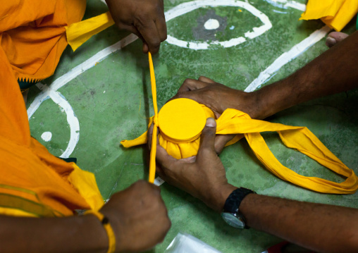 Hindu Devotees In Annual Thaipusam Religious Festival In Batu Caves Preparing Offerings, Southeast Asia, Kuala Lumpur, Malaysia