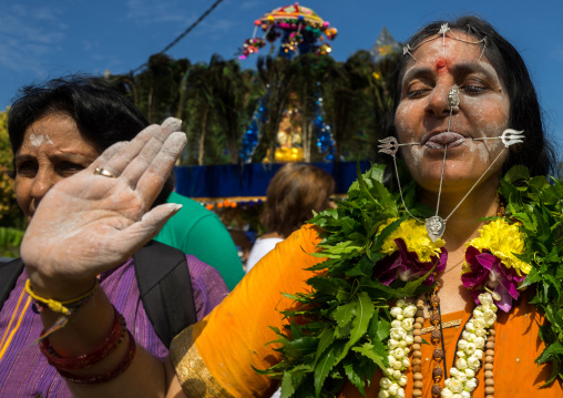 Hindu Devotee Woman With Pierced Tongue During Annual Thaipusam Religious Festival In Batu Caves, Southeast Asia, Kuala Lumpur, Malaysia