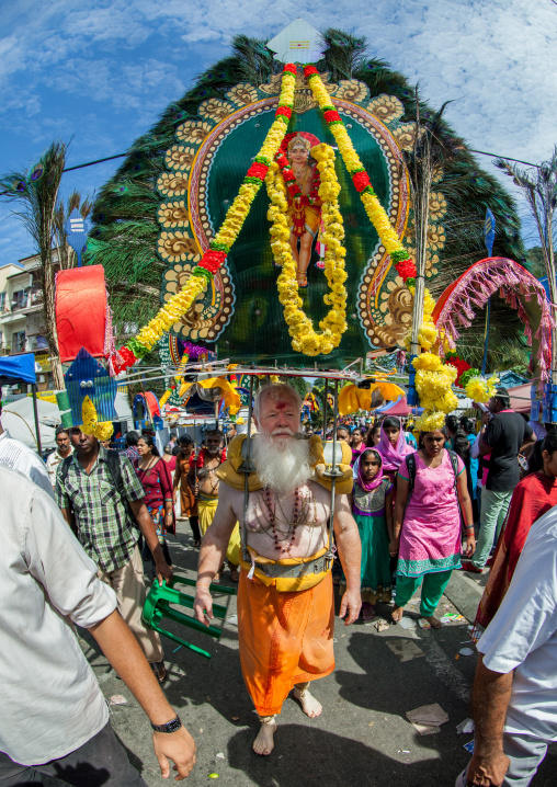 Devotee Kavadi Australian Bearer At Thaipusam Hindu Religious Festival In Batu Caves, Southeast Asia, Kuala Lumpur, Malaysia