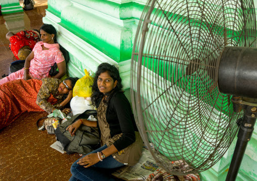 Family Resting And Sleeping In A Temple During Annual Thaipusam Religious Festival, Southeast Asia, Kuala Lumpur, Malaysia